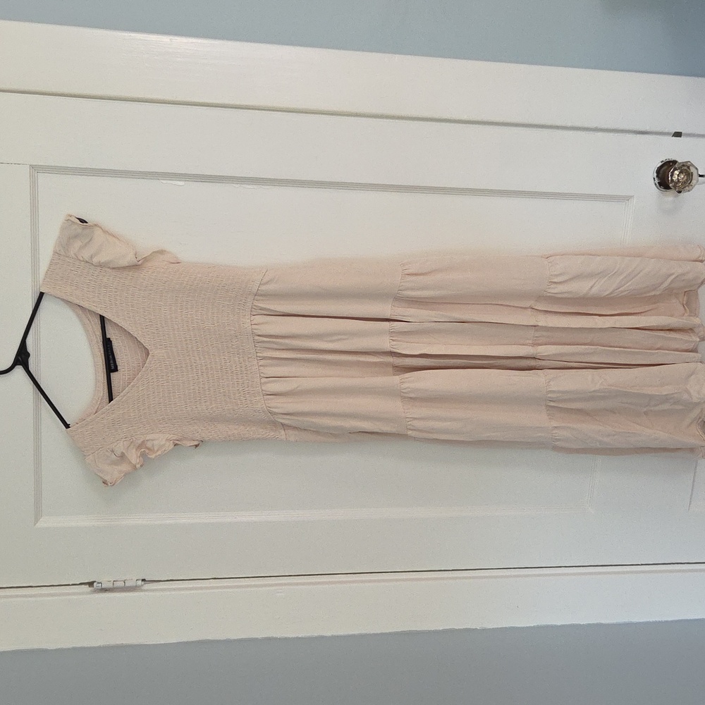 MEROKEETY Women's Flutter Sleeve Smocked Midi Dress Beige